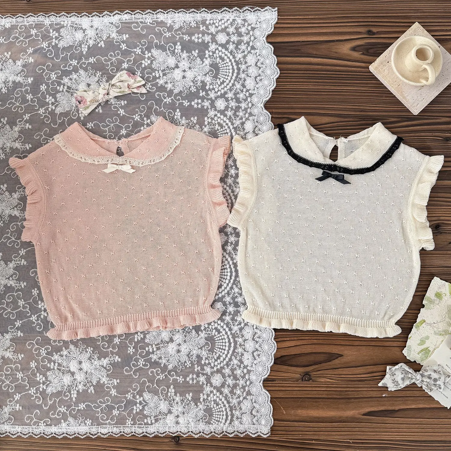 

High Quality Children's Clothing Baby Girl Knitted Top Hollow Out Flying Sleeve Lotus Leaf Thin Vest + shorts Pant Set