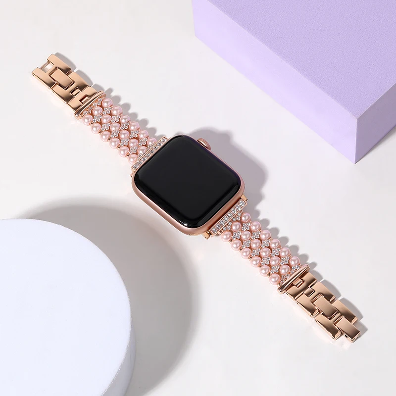 Pearl+Metal Strap For Apple Watch 45mm 44mm 41mm 42mm 40mm 49mm Women Diamond High-end Band iWatch Ultra 8 7 6 5 4 3 SE Correa
