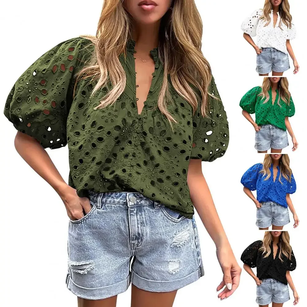 Camisa feminina manga lanterna com decote em v, blusa de botão, tops femininos elegantes, blusa bordada, streetwear, verão