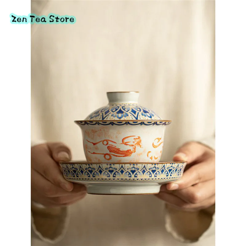 Song Ru Kiln Dunhuang Feitian Ingot Three Kinds Of Cover Bowl Household Kung Fu Tea Set Personal Tea Bowl Tea Cup Retro Style