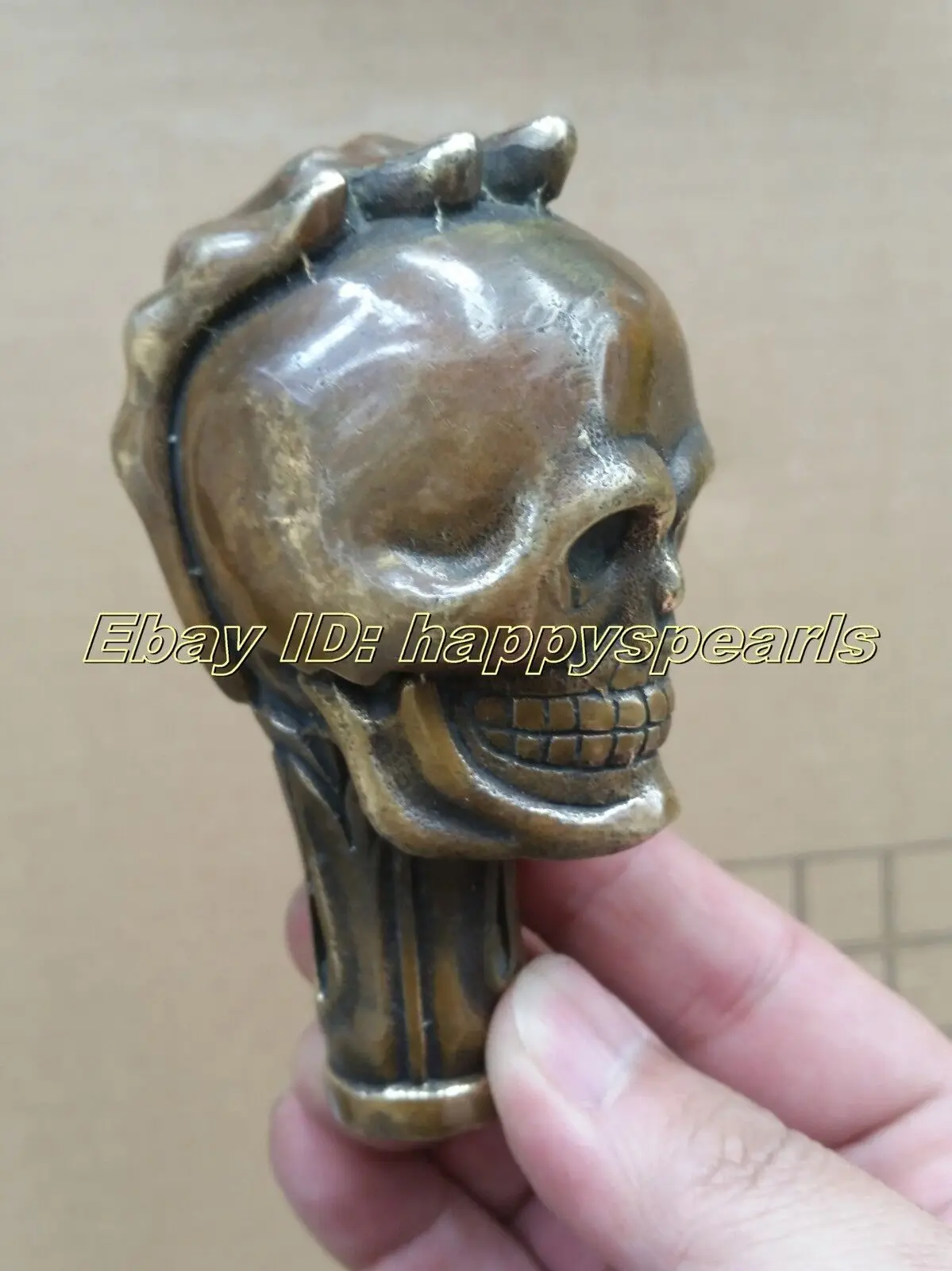 VICTORIAN Old Bronze Hand Carved handguard skull Statue Cane Walking Stick Head
