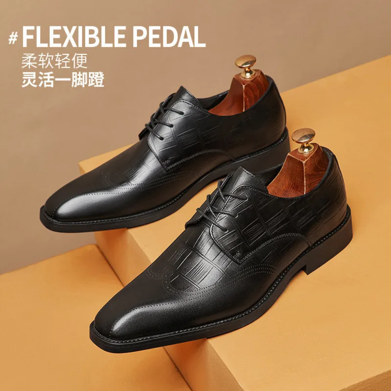 Men's Spring Summer And Leather Genuine Leather Small Square Toe Block Carving Derby Toe Layer Cowhide Business  Men Shoes Flats