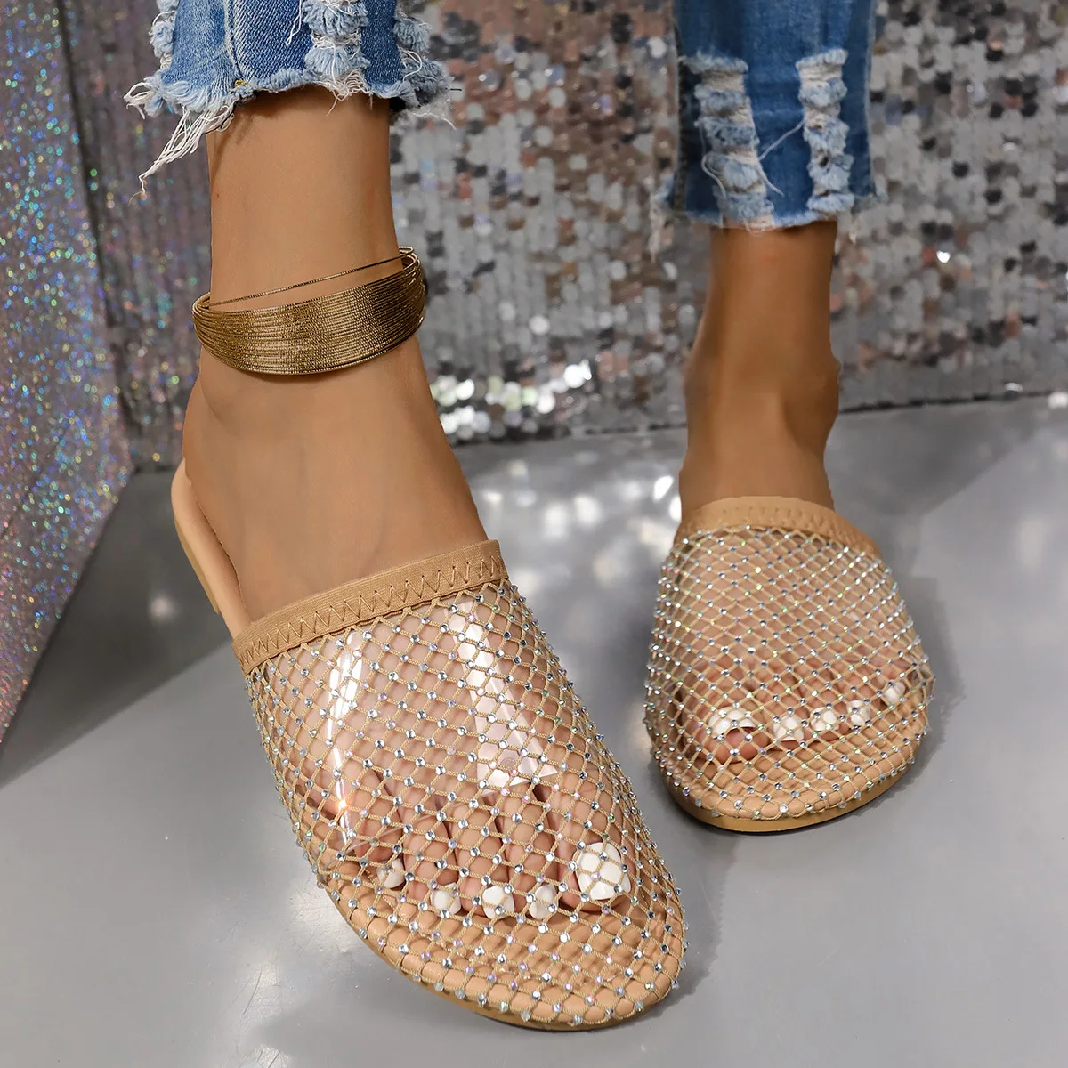 Fashion Women's Flat Sandals Baotou Hollow Mesh Sandals Footware Roman Transparent PVC Party Shoes Zapatillas Mujer 2024