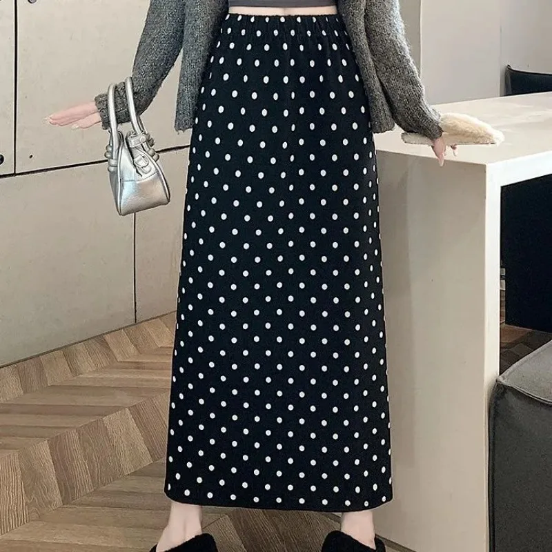

Plus Size Black Polka Dot Midi Skirt High Waist Straight Split Pencil Skirt