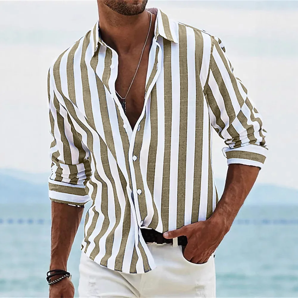 

Fashionable autumn and winter 3D printed men's versatile striped design style men's slim fit casual lapel button comfortable lon