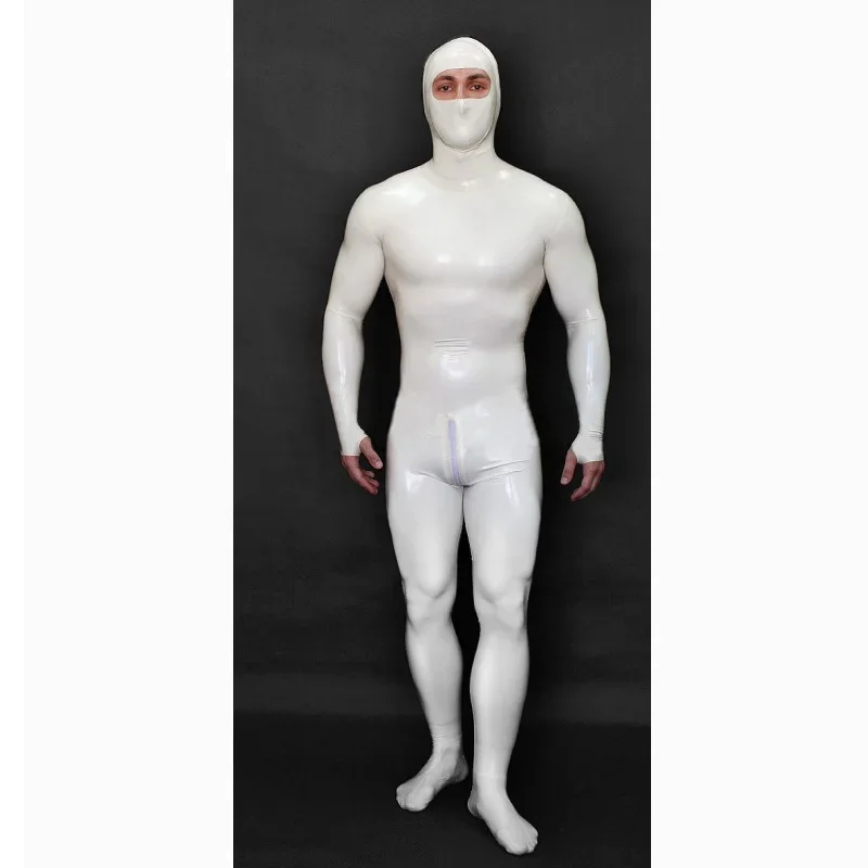 Men's White Full Body Latex Catsuit Face Entry Rubber Bodysuit Half Gloves Finger Ring Style with Crotch Zip