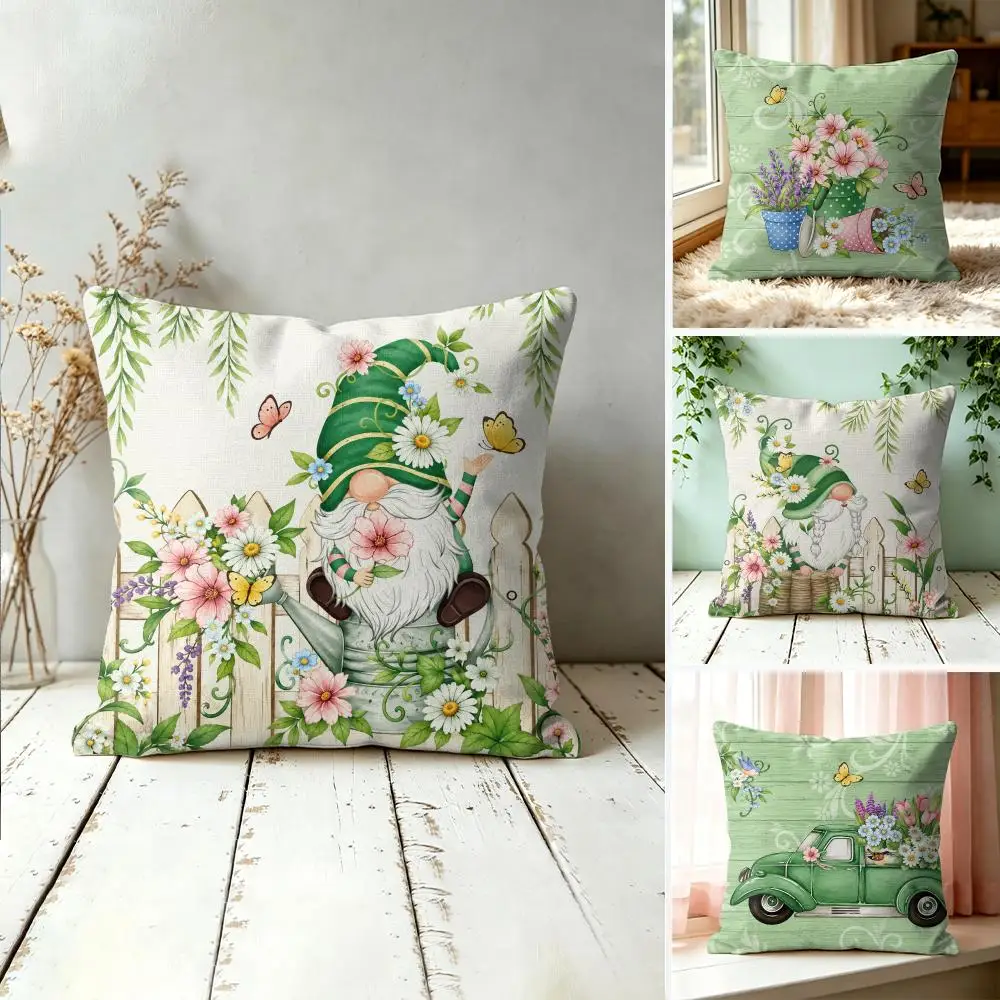 Spring Gnome Floral Cushion Cover Silky Short Plush Invisible Zipper Dustproof Sofa Pillow Case For Home Decor