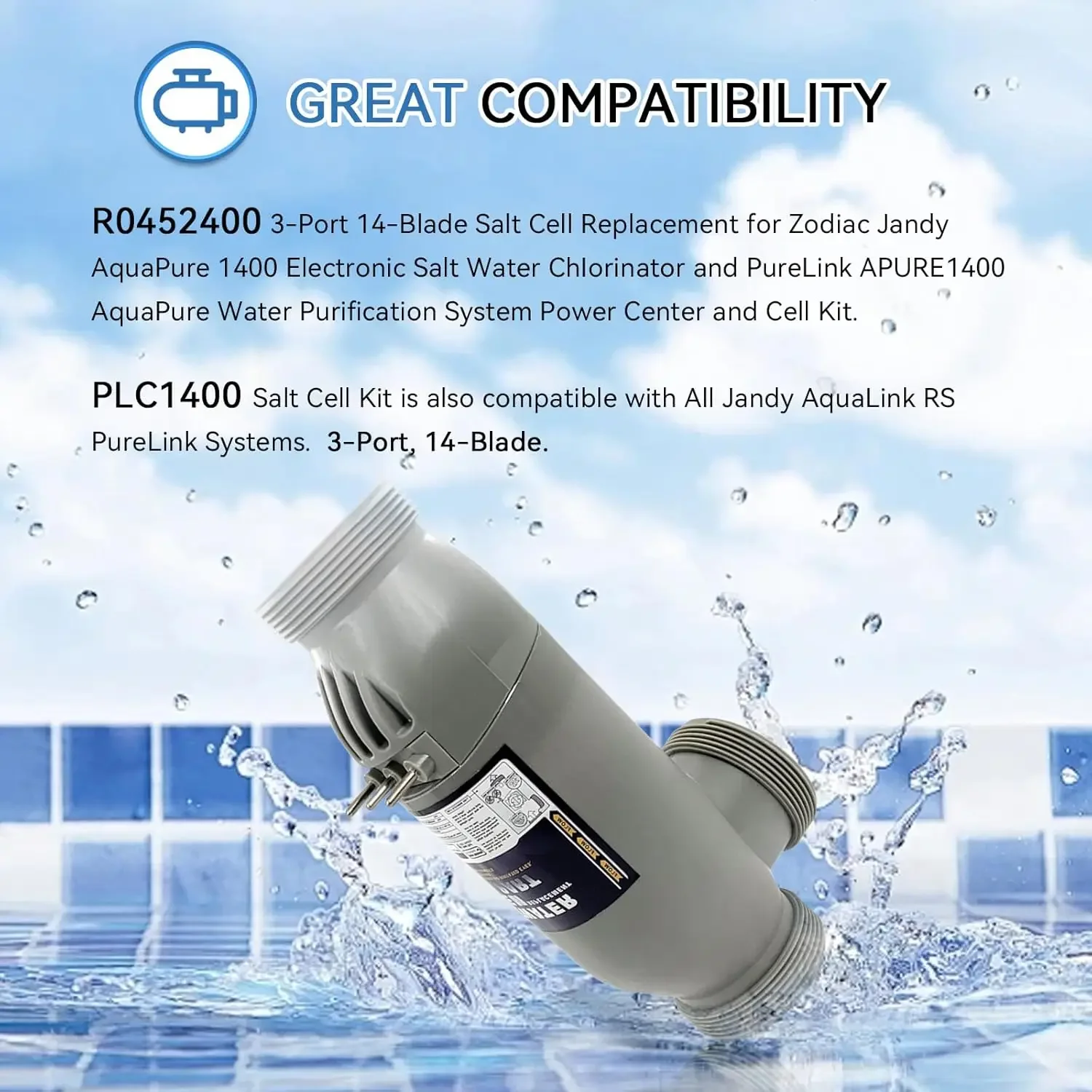 3-Port  PLC1400-25 PureLink Cell Kit with PVC Universal Unions and 25-Feet Cables Saltwater Chlorinator Purification System