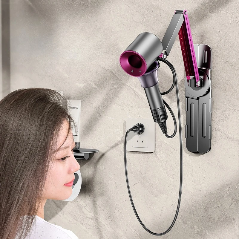 Adjustable Wall Mounted Hair Dryer Holder, Extendable Arm Bathroom Blower Stand, Swivel Retractable Storage for Styler