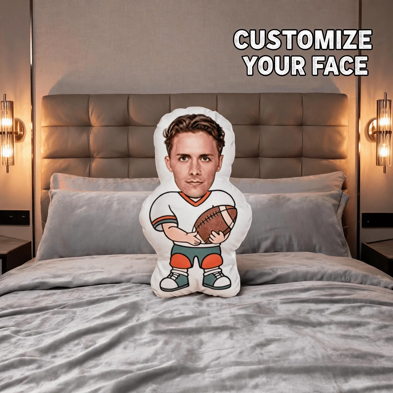 Personalized Football Player Photo Pillow - Custom Face/Name/Number on Cartoon Body, Cushion Suitable for Sofa &, Funny Gift for