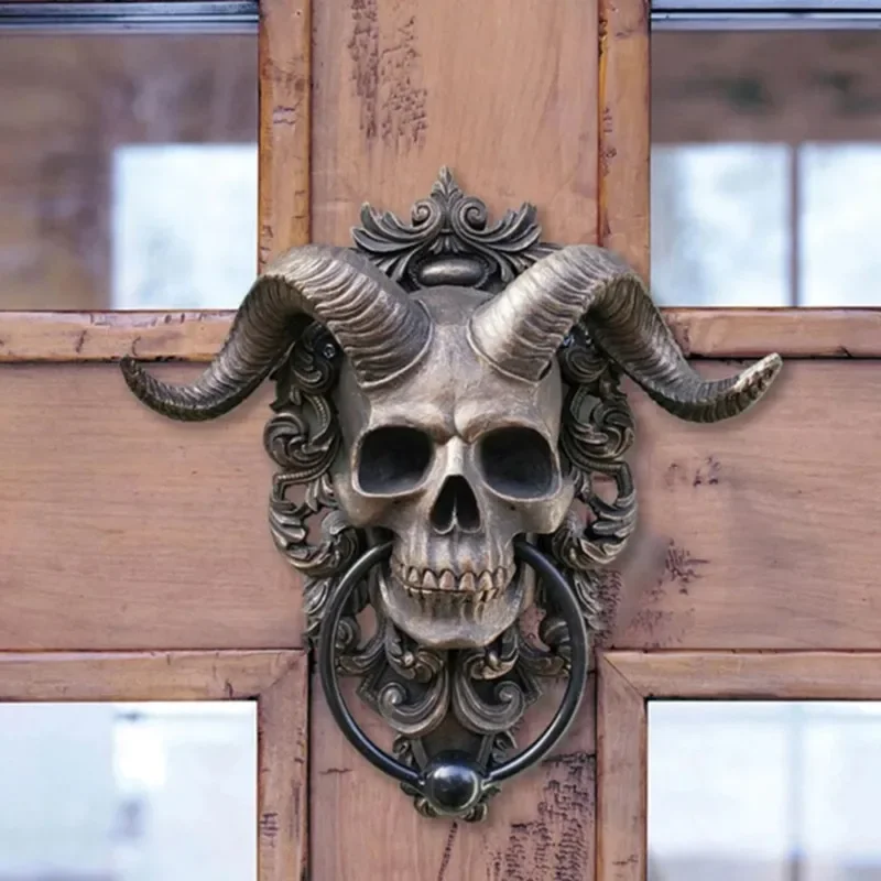 Skull Door Knocker Hell Devil Horn Skull Door Hanging Gothic Home Resin Decor Punk Satan Skull Sheep Head Wall Decor Pendant