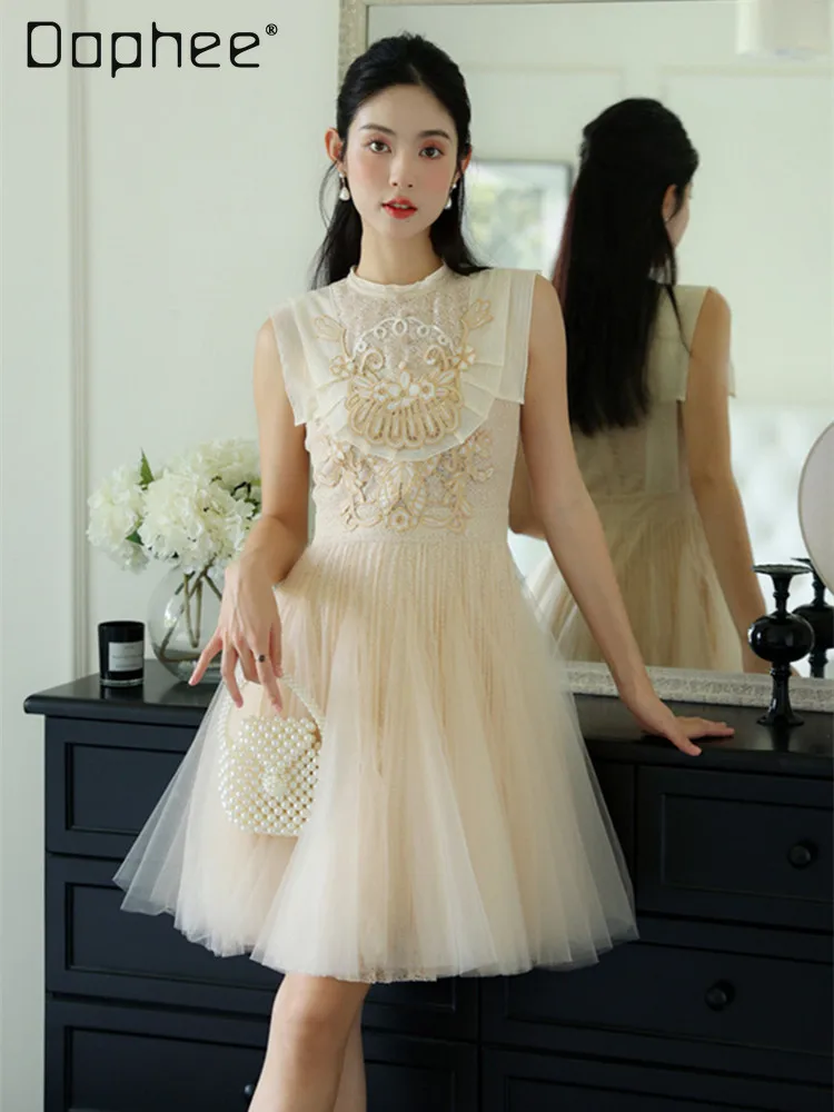 Vestido tutú de malla sin mangas de alta gama para mujer, minivestido ajustado a la moda con bordado elegante, vestidos de noche para fiesta de cumpleaños