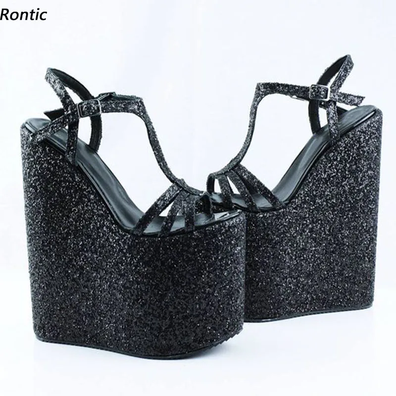 

Rontic Real Pictures, женские летние блестящие сандалии на платформе, элегантные черные туфли на танкетке с круглым носком, размер США 5-15