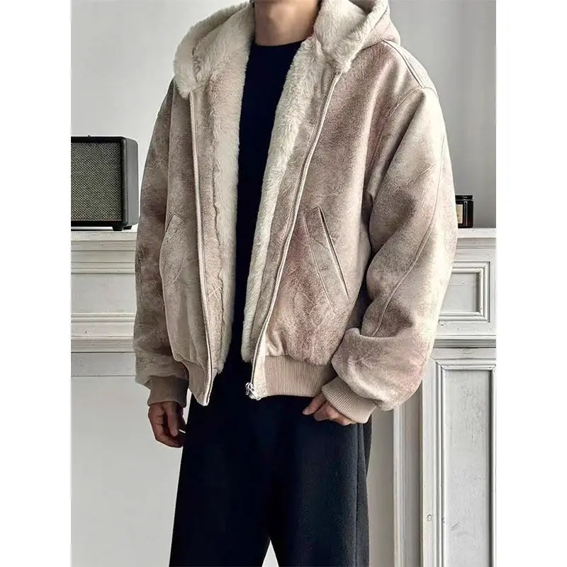 

Mountain carved leather jacket for men and women, 2025 trend frost cracked leather imitation mink one piece winter hooded