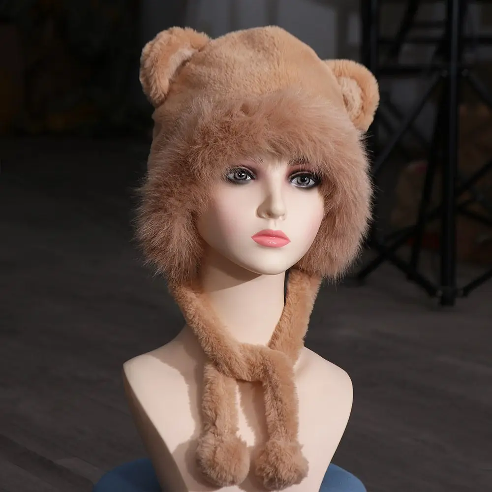 Gorro con orejas de oso coreano para mujer, gorro informal de felpa con forma de cubo de piel sintética, protección para los oídos, gorros cálidos y esponjosos para invierno