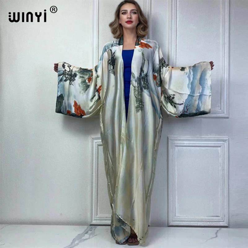 WINYI summer kimono african boho print dress beach wear Elegant Cardigan sexy Holiday beach outfits for women vestidos cover up