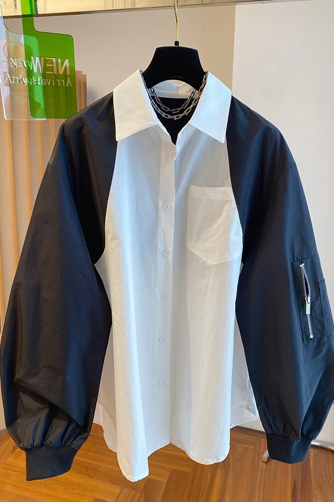 SuperAen Spring 2024 New Design Patchwork Shirt for Women Korean Design Black and White Contrast Shirt