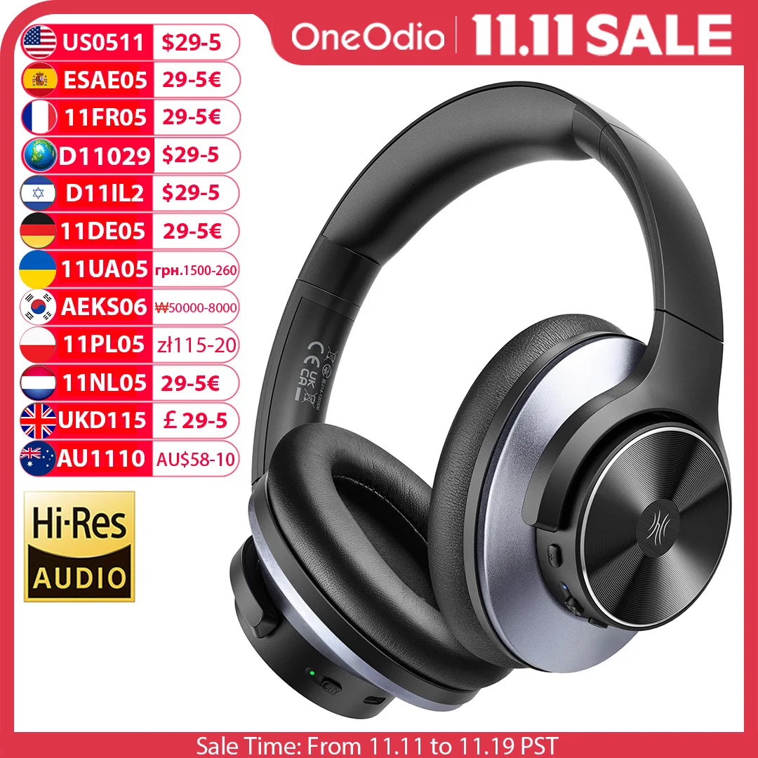 Oneodio A10 Cuffie Bluetooth 5.4 ibride con cancellazione attiva del rumore con audio ad alta risoluzione Cuffie wireless sopra l'orecchio ANC con 5 microfoni
