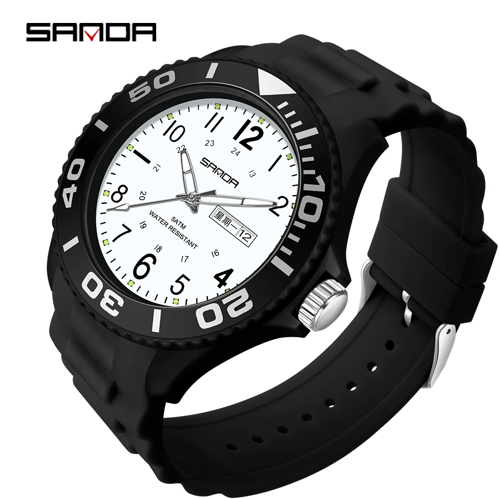 Sanda jam tangan pria jam tangan silikon hitam kalender lengkap mewah merek Top jam tangan Analog Relojes De Lujo Para Hombre