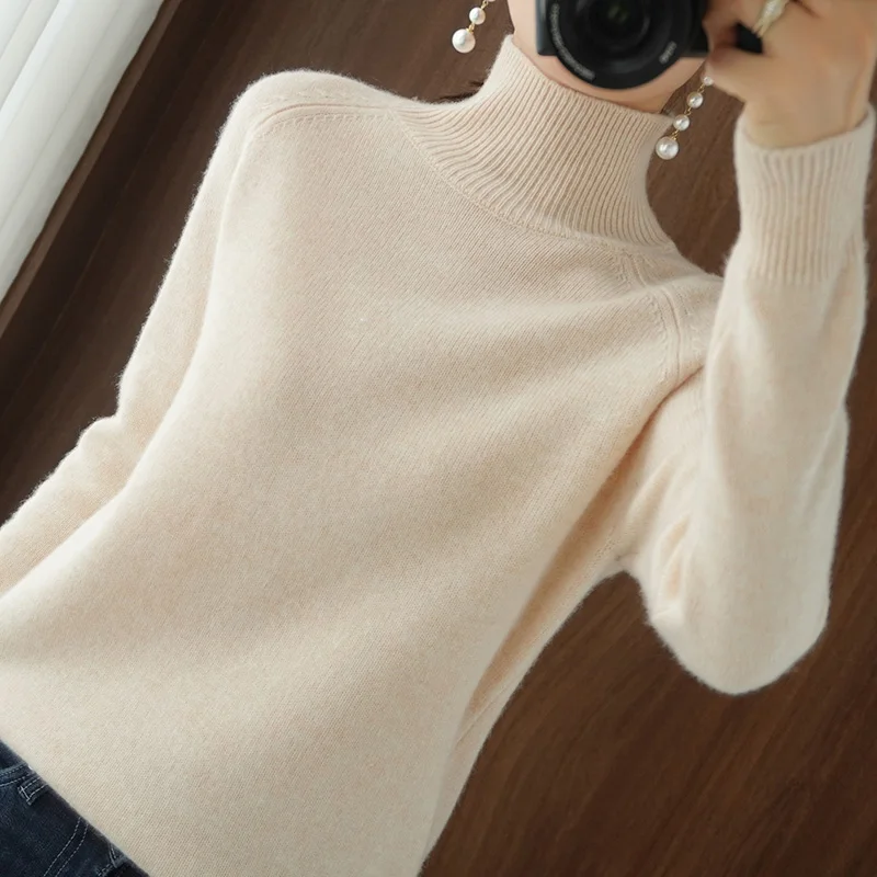 

2023 Spring Autumn Women's Wool Sweater Turtleneck Pullover Slim Solid High-quality Warmth Comfort Pendulous Feel