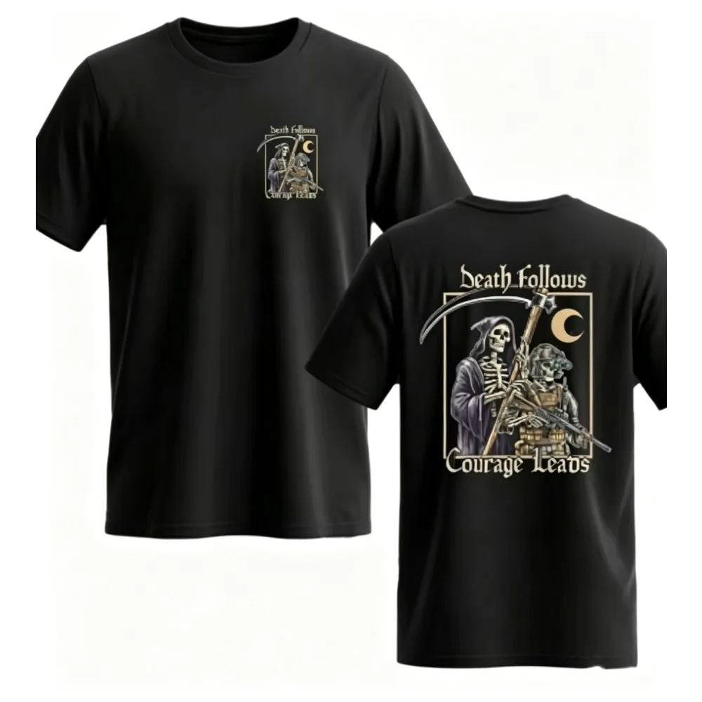 2026 New  Courage Leads Skeleton Print T-shirt Men Tactical Style Summer Casual Short Sleeve Tops