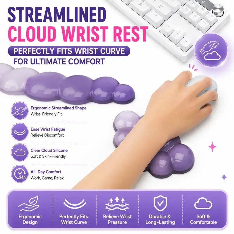 Soft Purple Cloud Shaped Keyboard Wrist Rest Mouse Pad Set Ergonomic Wrist Support for Office Work Gaming Desktop Accessory