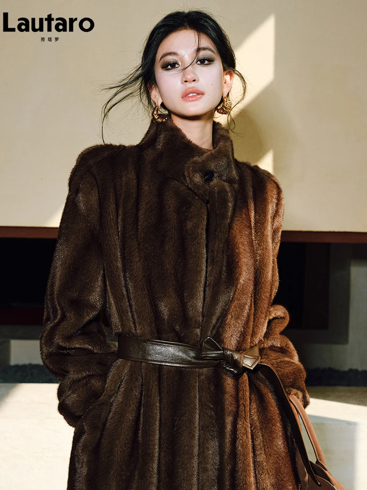 Lautaro Spring Winter Long Soft Thick Warm Brown Faux Mink Fur Coat Women Luxury High Quality Elegant Chic Fluffy Overcoat 2025