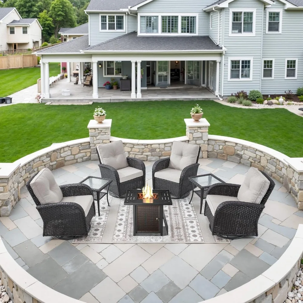 

7 Piece Patio Furniture Set with 4 Swivel Rocker Chairs, 50000BTU Propane Fire Table, 2 Side Table, Outdoor Conversation Set