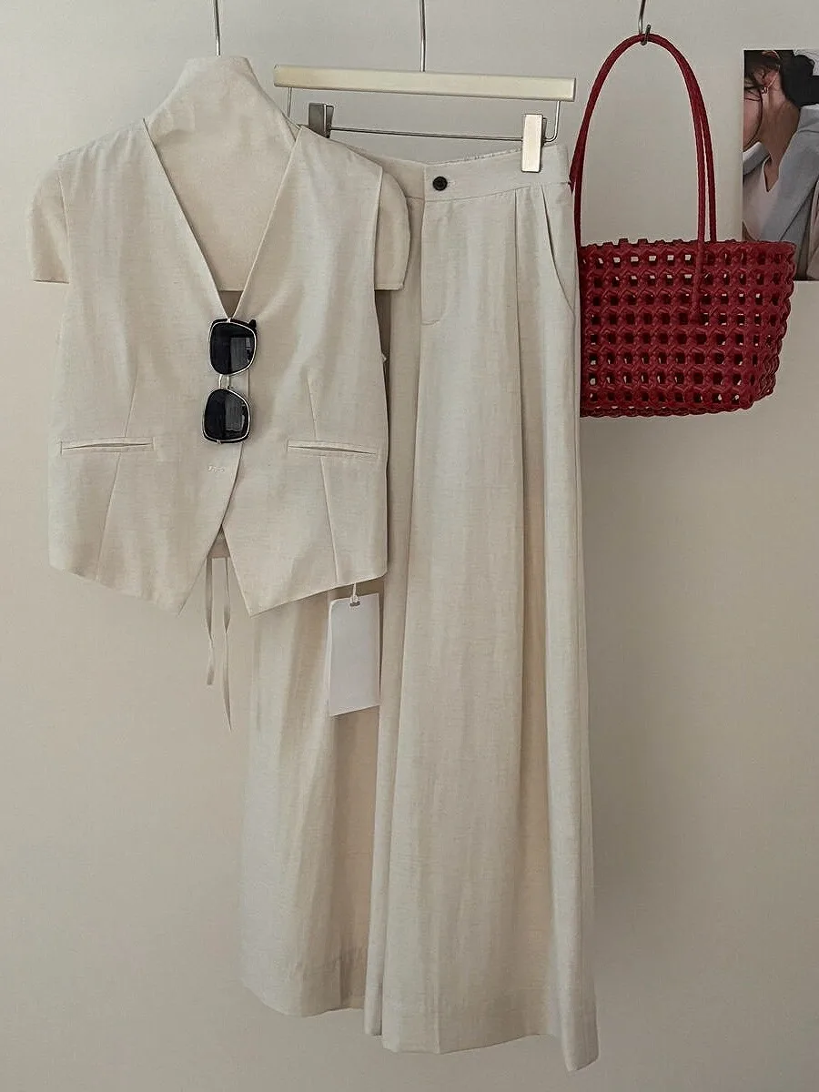 

Korean Sle Women's Faion V-Ne Dstring Svel Vest Top Loose Casual Wide Leg Pants Two-Piece Set Summer Outfit