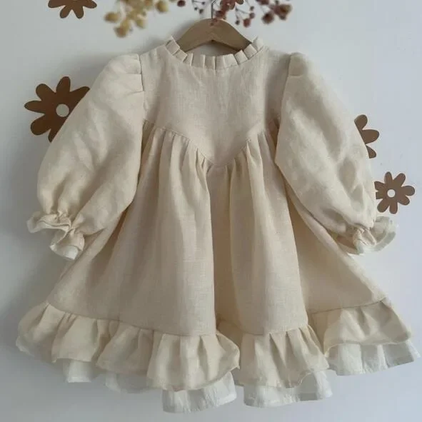 Girls Dress 2024 Spring New Linen Girls Spliced Casual Princess Round Neck Dress with Ruffle Edge Baby Dress Children Wear