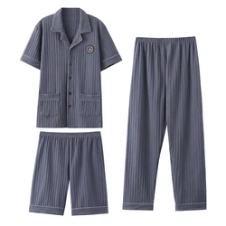 3PCS/Set Male Nightwear Suit Summer Generous Leisure Short Sleeve Pajamas Striped Homewear Men Big Yards4XL Cotton Pijama Hombre
