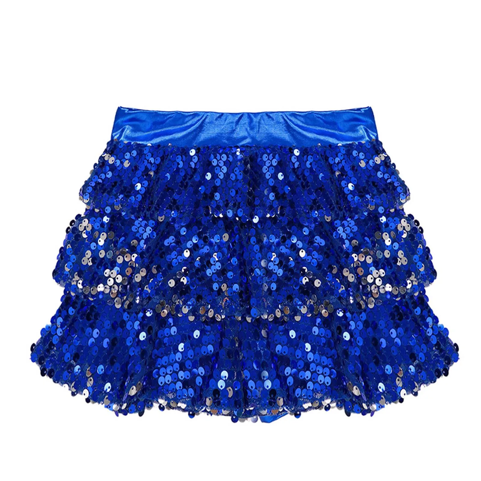 Kids Girls Tiered Ruffle Dance Skirt Shorts Metallic Shiny Sequins Elastic Waistband Culottes Dance Stage Performance Costume