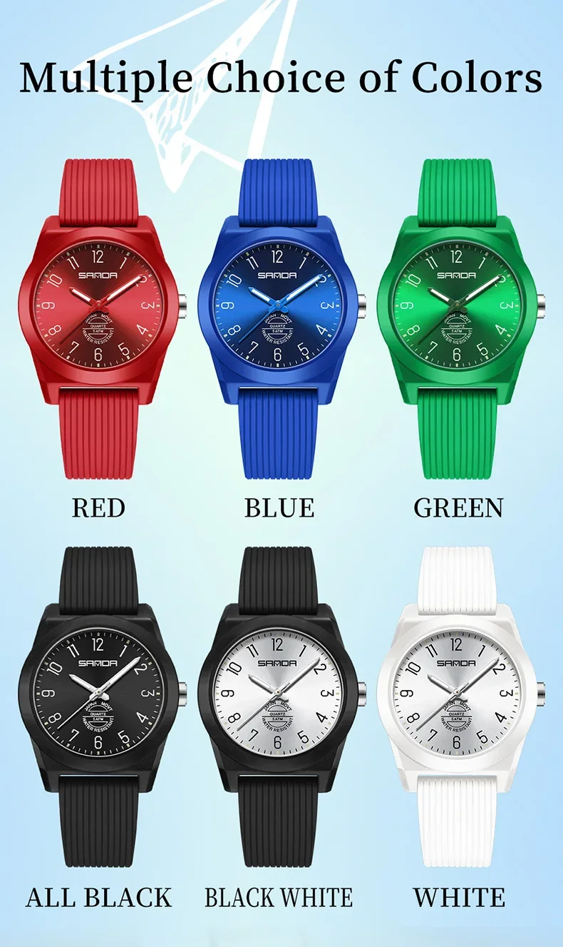 SANDA SD6218 ساعات رياضية بسيطة كوارتز مضيئة مقاومة للماء بحزام سيليكون للرجال