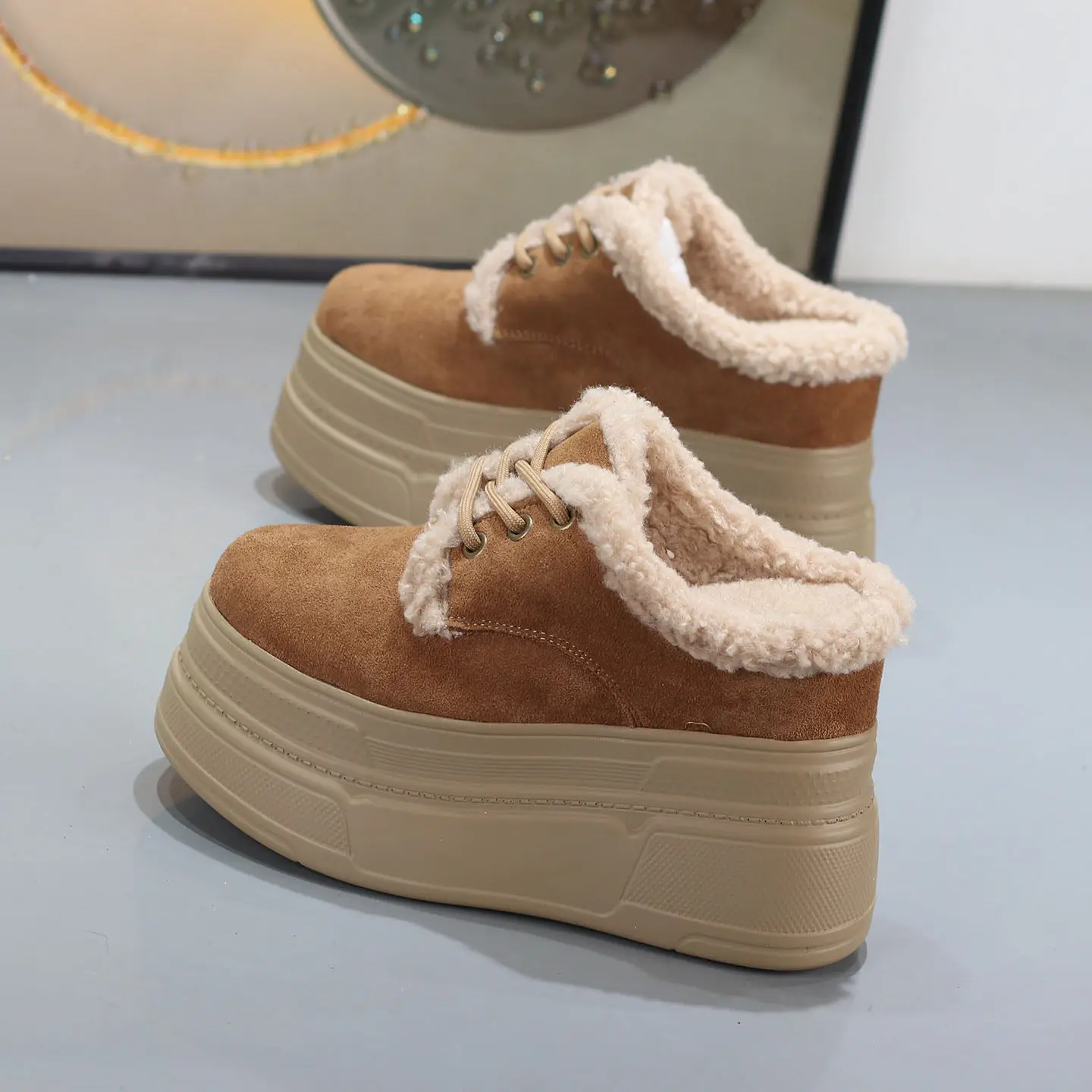 Ultra-High Elevator Boots Women Fall/Winter Plush Open-Toe 12cm Wedge Sole Non-Slip Fuzzy Mule Shoes for Petite