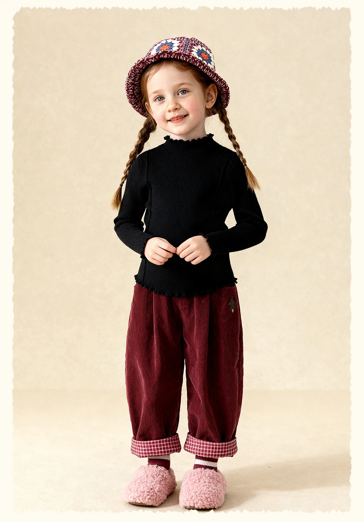 Amila Kids 2026 Winter Mädchen Strickshirt Top Grau Rosa Reisrot Schwarz Rüschen Halbhoher Kragen Weich Nicht hautverletzend – Detail 10