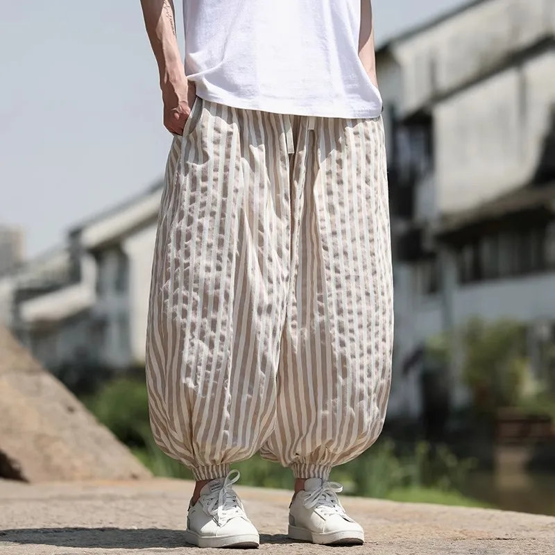 Spring Summer Men's Belt-Leg Bloomers Loose Striped Harem Casual Pants Male Elastic Waist Streetwear Casual Trousers Plus Size