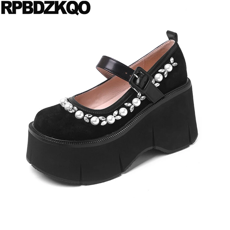 

Girls Harajuku Pearl Lolita Rhinestone Creepers Wedge Pumps High Heels Luxury Women Shoes Round Toe Platform Mary Jane Suede New