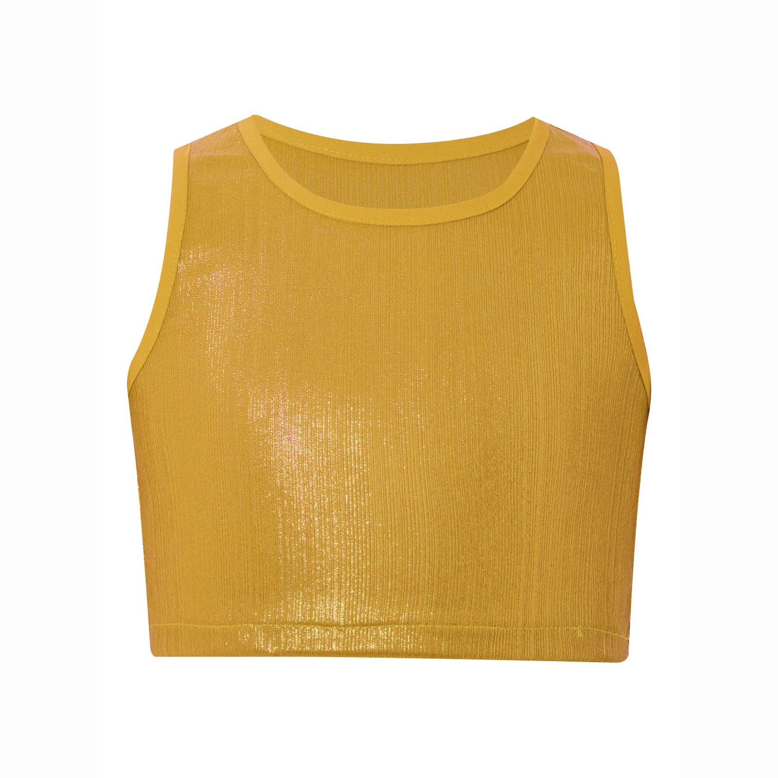

Kids Girls Jazz Latin Dance Top Round Neck Sleeveless Metallic Ribbed Vest Camisol Crop Top Yoga Sport Stage Performance Costume