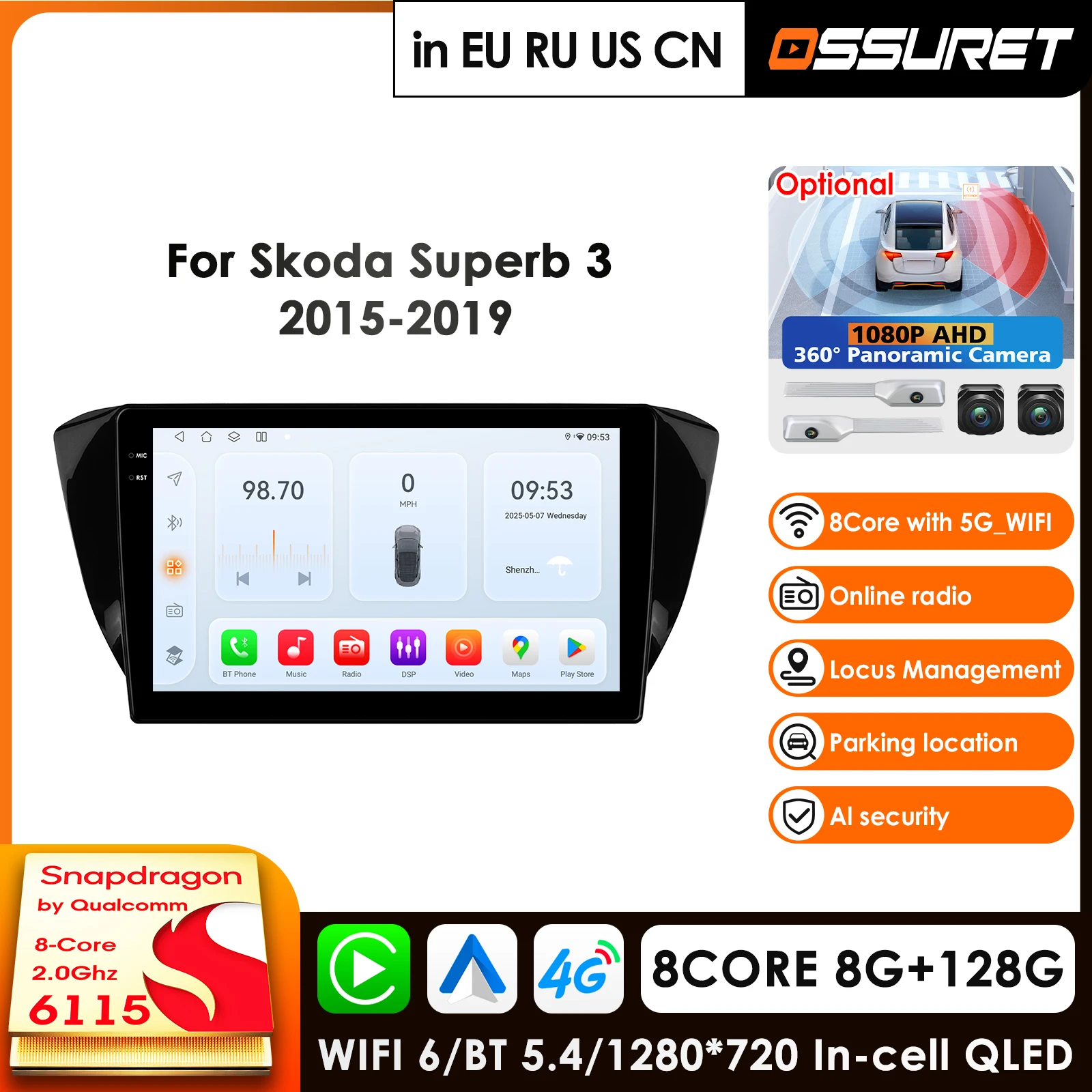 

Автомагнитола Android 14 с Carplay, 4G, Wi-Fi, 10.1 дюйма для Skoda Superb 3 (2015-2019) — навигация, GPS, видео, интеллектуальный аудиоплеер