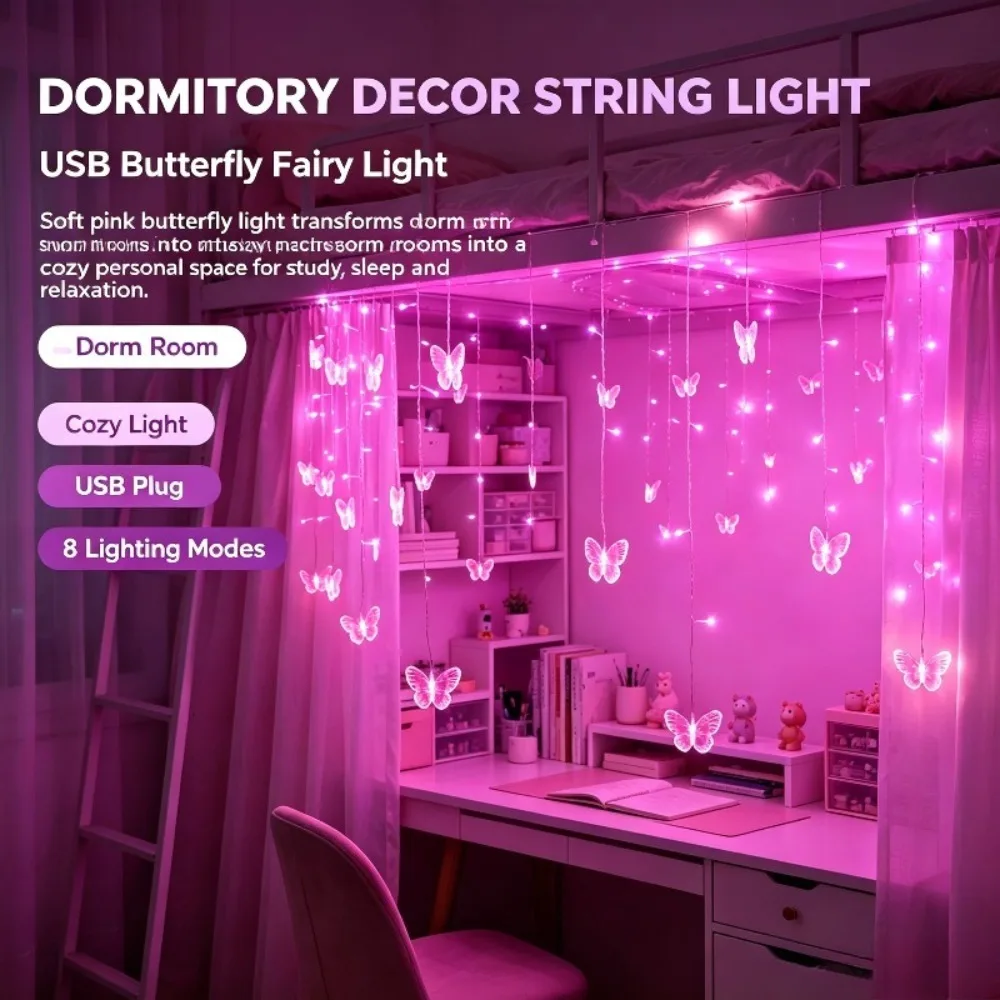 LED Butterfly String Light USB Powered Remote Control 8 Modes Flashing Fairy Light Suitable for Bedroom Wedding Party Dormitory