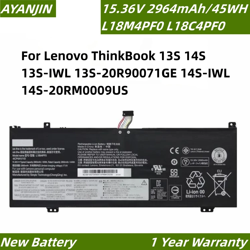 L18M4PF0 L18C4PF0 15.36V 45WH Laptop Battery For Lenovo ThinkBook 13S 14S 13S-IWL 13S-20R90071GE 14S-IWL 14S-20RM0009US L18D4PF0