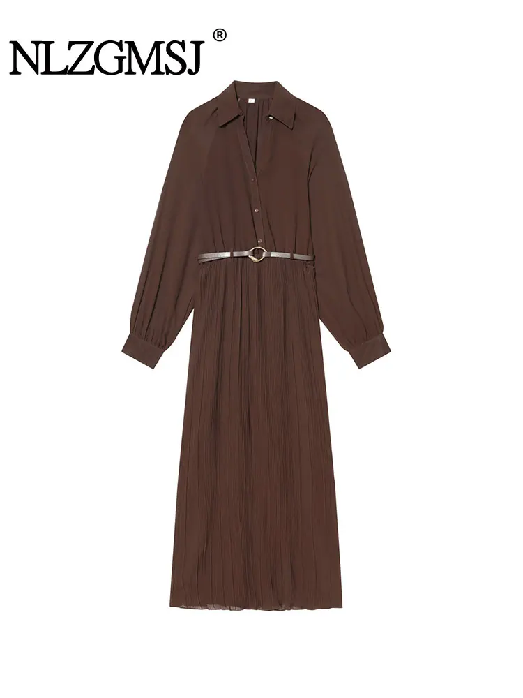 NLZGMSJ Schickes Damen-Freizeithemdkleid, 2026, Frühling und Herbst, V-Ausschnitt, lange Ärmel, schlank, mit Gürtel, Midi-langes Kleid, Y2K