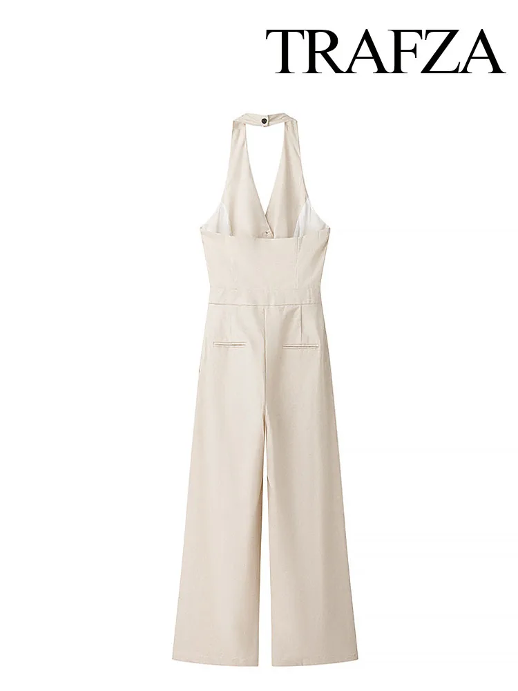 TRAFZAผู้หญิงฤดูใบไม้ผลิแฟชั่นJumpsuits Beige VคอBacklessกระเป๋าSingle-BreastedหญิงHigh Street Jumpsuits