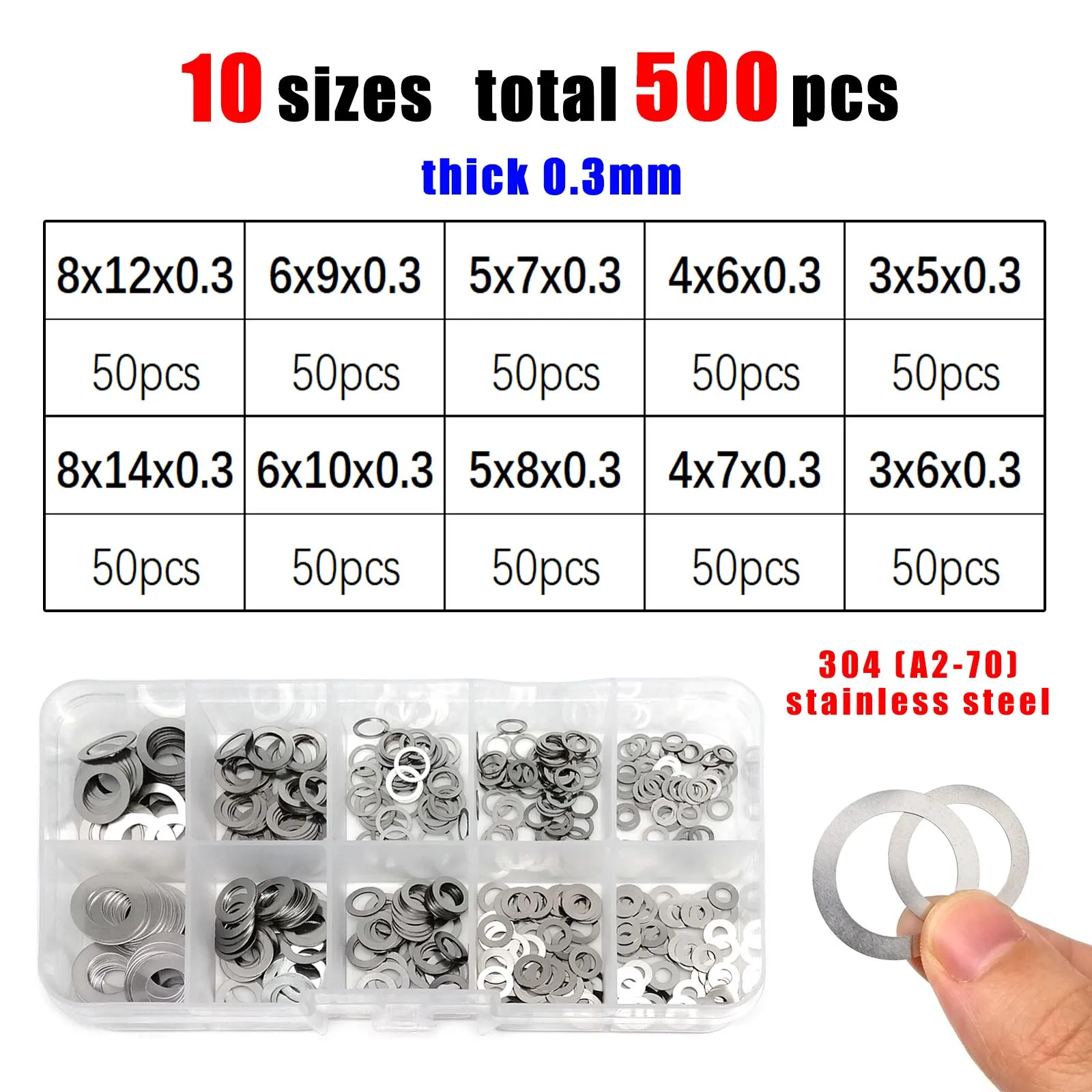 1 Box ultradünne, verstellbare Unterlegscheiben, verschiedene Größen: 0,1 mm, 0,2 mm, 0,3 mm, M3 bis M20, ultradünnes Flachdichtungsset, Edelstahl 304 – Detail 8
