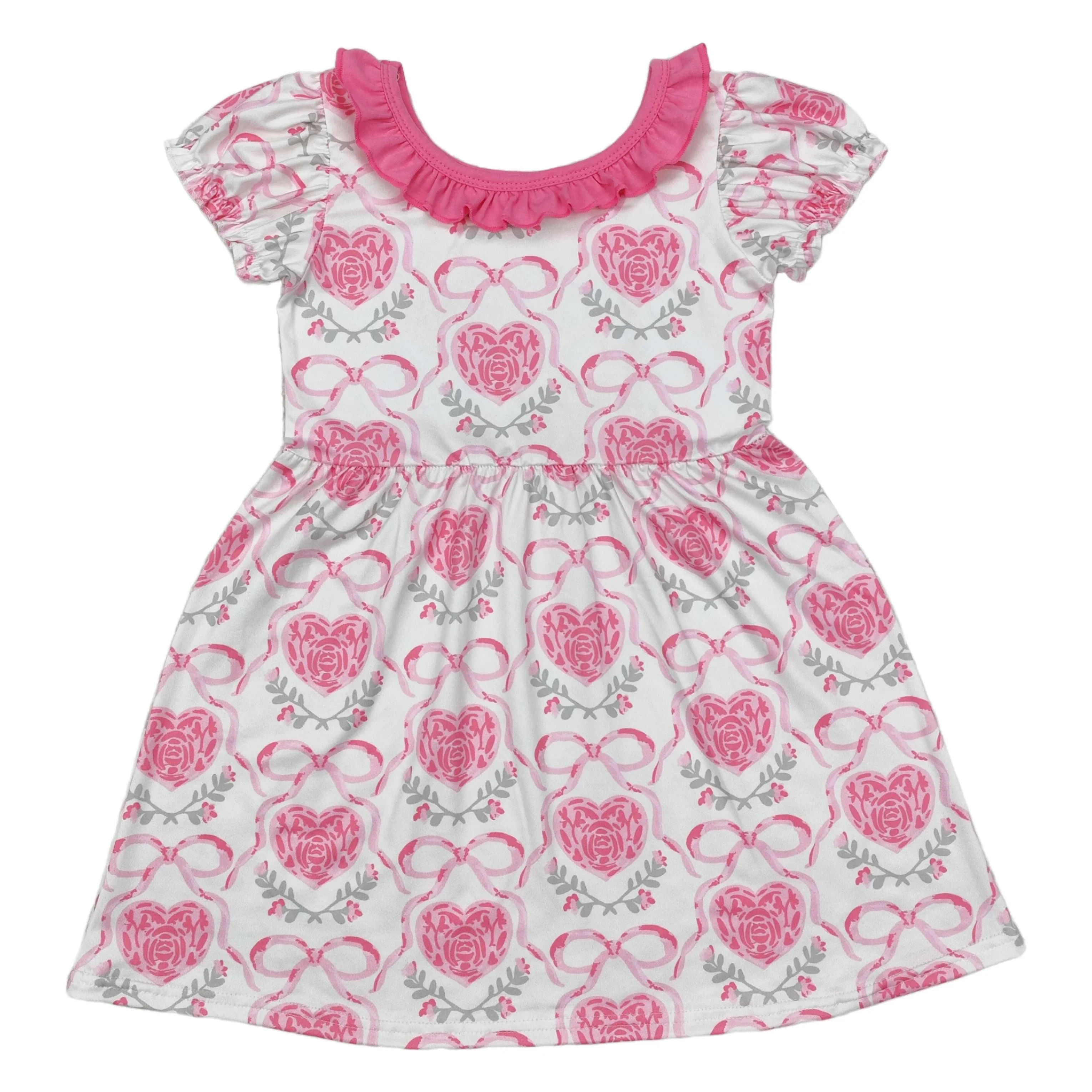 الجملة طفلة الوردي روز الزهور قصيرة الأكمام طول الركبة فساتين الأطفال طفل عيد الحب الملابس فستان ملابس الرضع