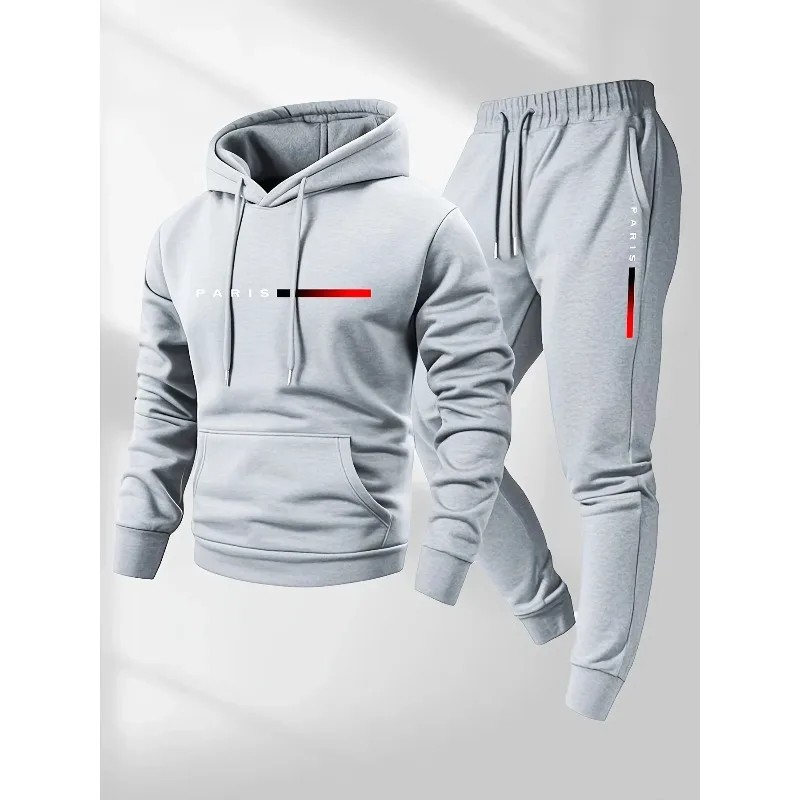 Set pakaian olahraga pria musim gugur dan musim dingin dengan motif huruf, hoodie dan celana, hangat dan tahan angin.