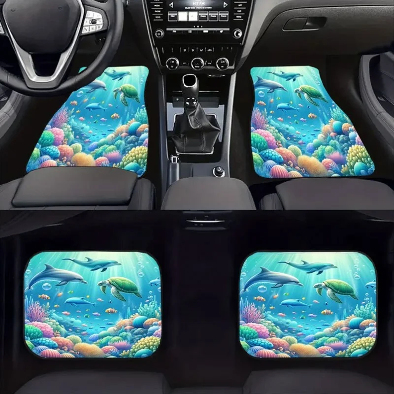 [Crystal Velvet Car Floor Mats] 4pcs Non-Slip Crystal Velvet Car Floor Mats, Ocean World Themed Set, Effectively Collect Hair, K