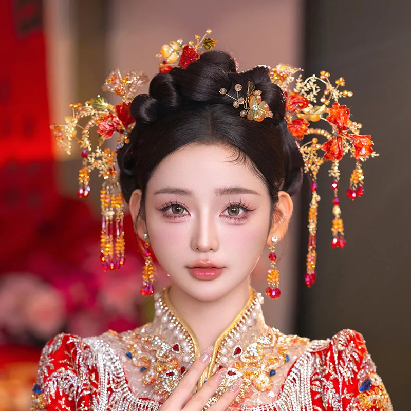 Xiuhe غطاء الرأس الزفاف النمط الصيني 2025 جديد أحمر بسيط أنيق الزفاف الإيجابي وغطاء الرأس المتقدم