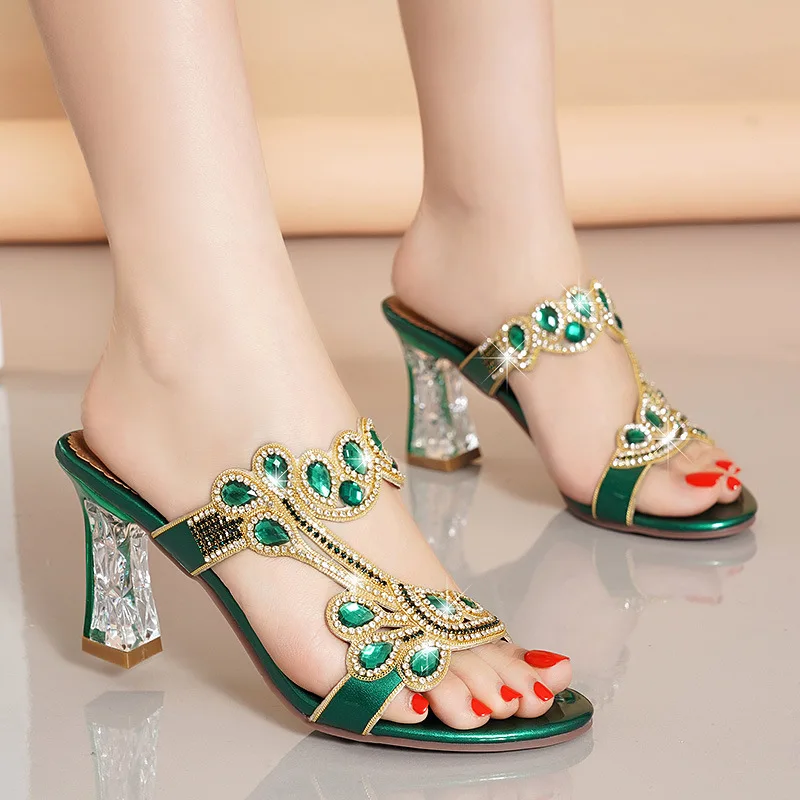 2024 Summer Women Shoes Fish Mouth Diamond Elegant Thick High Heels Sandals Medium Heel Fashion Leisure Rhinestone Party Sandals