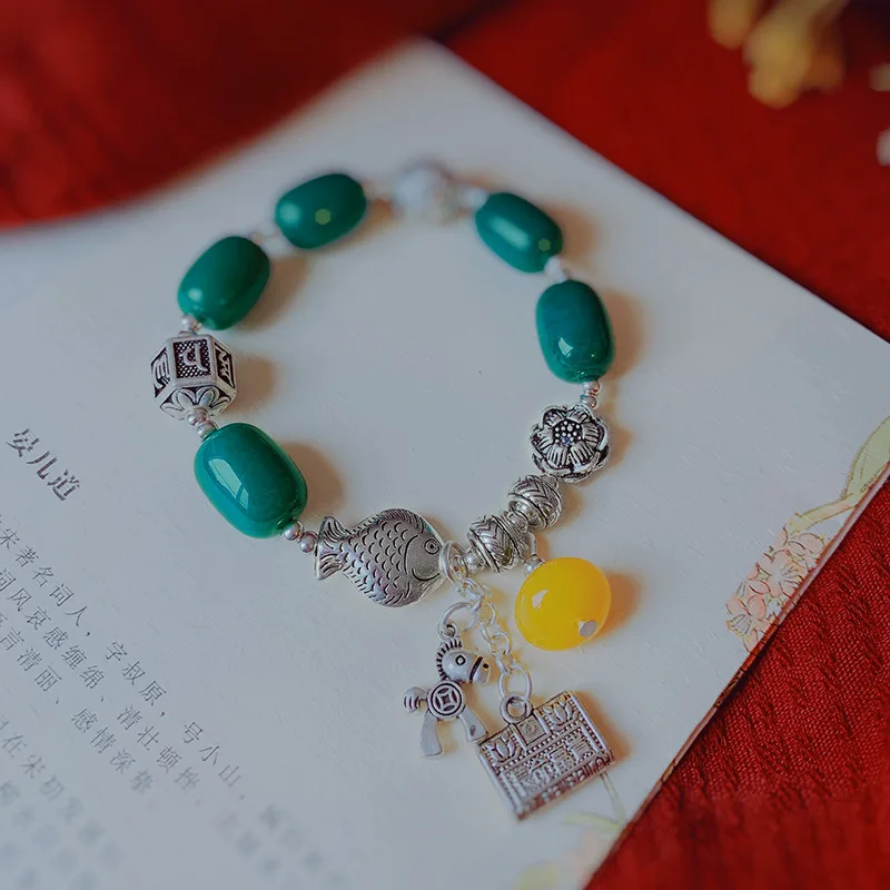 New Agate Tibetan Silver Bracelet Six Character True Words Yellow Beeswax Old Honey Wax Amber Bracelet Women Lover Jewelry Gift